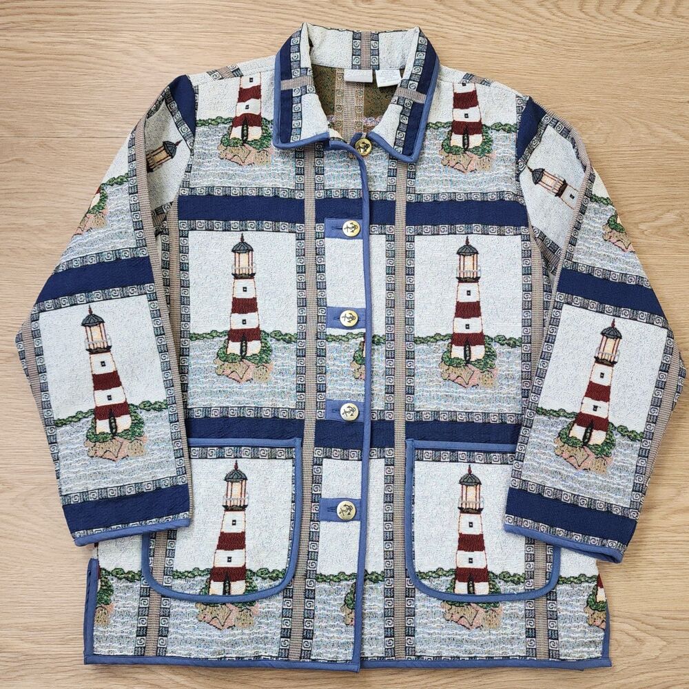 Lighthouse Tapestry Vintage Blazer Jacket Womens Size L Nautical Anchor Buttons